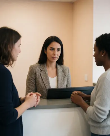 A smiling receptionist wearing a blazer and sweater stands behind a reception desk in a modern coworking space with beige walls and natural light.