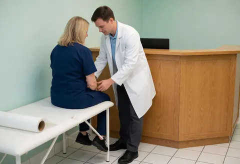 A doctor in a white coat examines a female patient's arm while she sits on a white examination table in a clean clinic with green walls and a wooden reception desk.