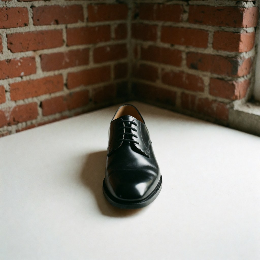 A pristine black leather derby shoe with a glossy finish resting on a red brick surface, showcasing professional footwear for business use.