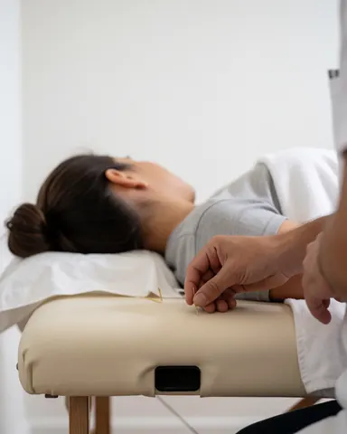 A relaxed patient lying on a treatment table receiving acupuncture therapy with thin needles inserted for wellness and healing