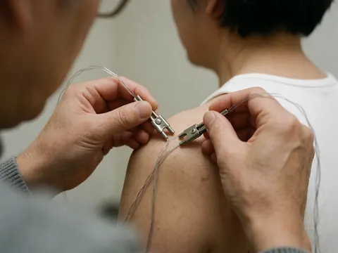 Close-up of a therapist attaching metal pins to acupuncture needles on a patient's shoulder during electroacupuncture treatment