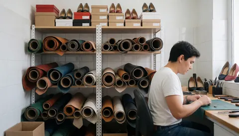 A tidy cobbler workspace featuring rolls of leather, shoe boxes, and professional repair tools arranged on a workbench near a window with natural light.