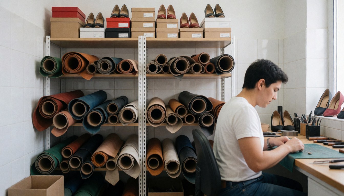 A tidy cobbler workspace featuring rolls of leather, shoe boxes, and professional repair tools arranged on a workbench near a window with natural light.