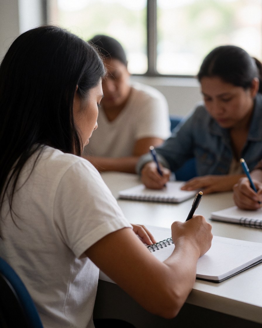 A student writing notes in a notebook with a pencil at a desk during a professional training class