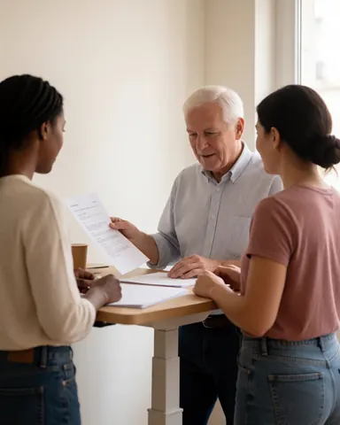 A senior man and two women review documents together at a work table in a professional coworking environment with natural daylight.