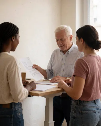 A senior man and two women review documents together at a work table in a professional coworking environment with natural daylight.