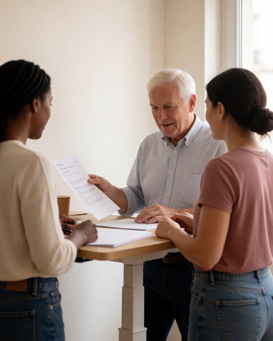 A senior man and two women review documents together at a work table in a professional coworking environment with natural daylight.