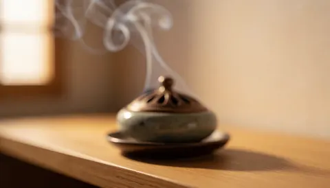 A ceramic incense burner emitting gentle smoke on a wooden shelf, creating a calm and relaxing background suitable for wellness and acupuncture themes.