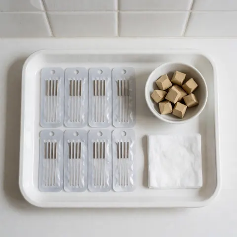 A close-up view of sterile acupuncture needles and moxa materials arranged neatly on a medical tray, ready for a professional treatment session.