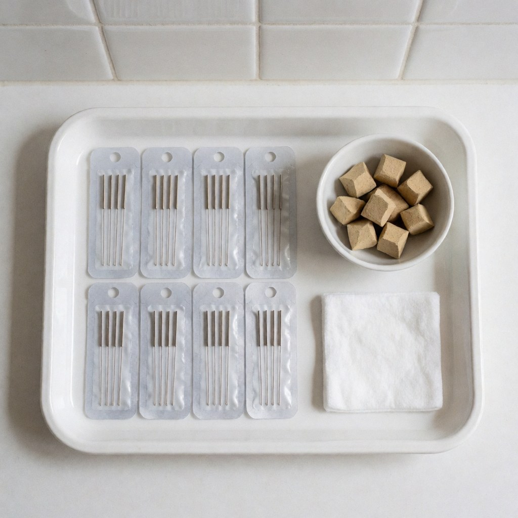 A close-up view of sterile acupuncture needles and moxa materials arranged neatly on a medical tray, ready for a professional treatment session.