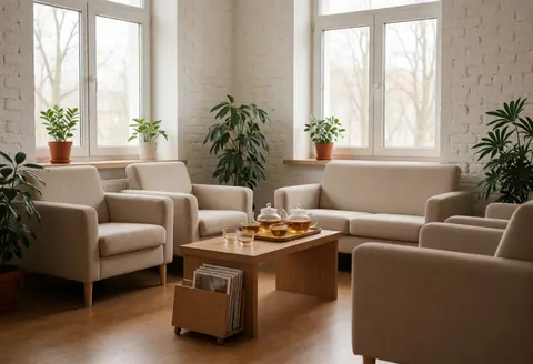 A calm waiting area featuring plush armchairs, a wooden table with tea, a potted plant, and soft natural light streaming through a window