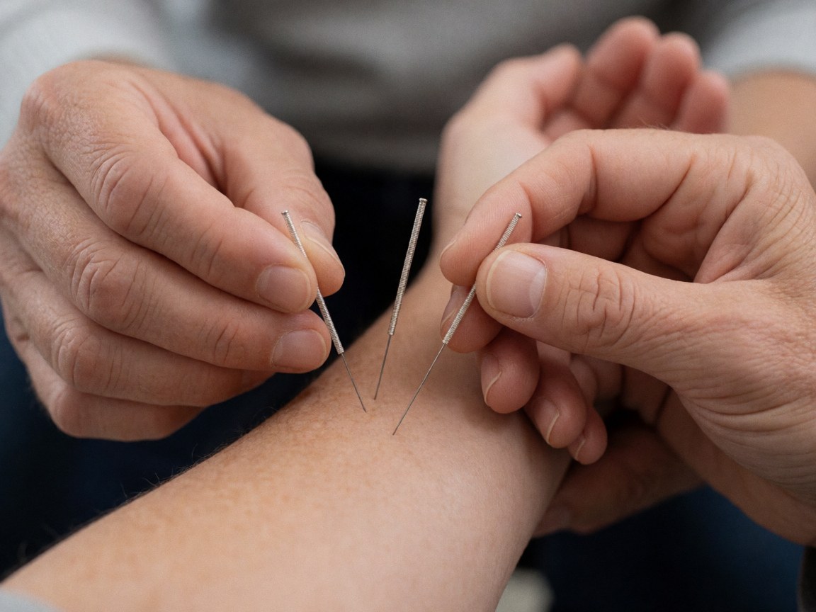 Macro detail of therapist hands inserting acupuncture needles into a patient's forearm with a blurred background and neutral lighting