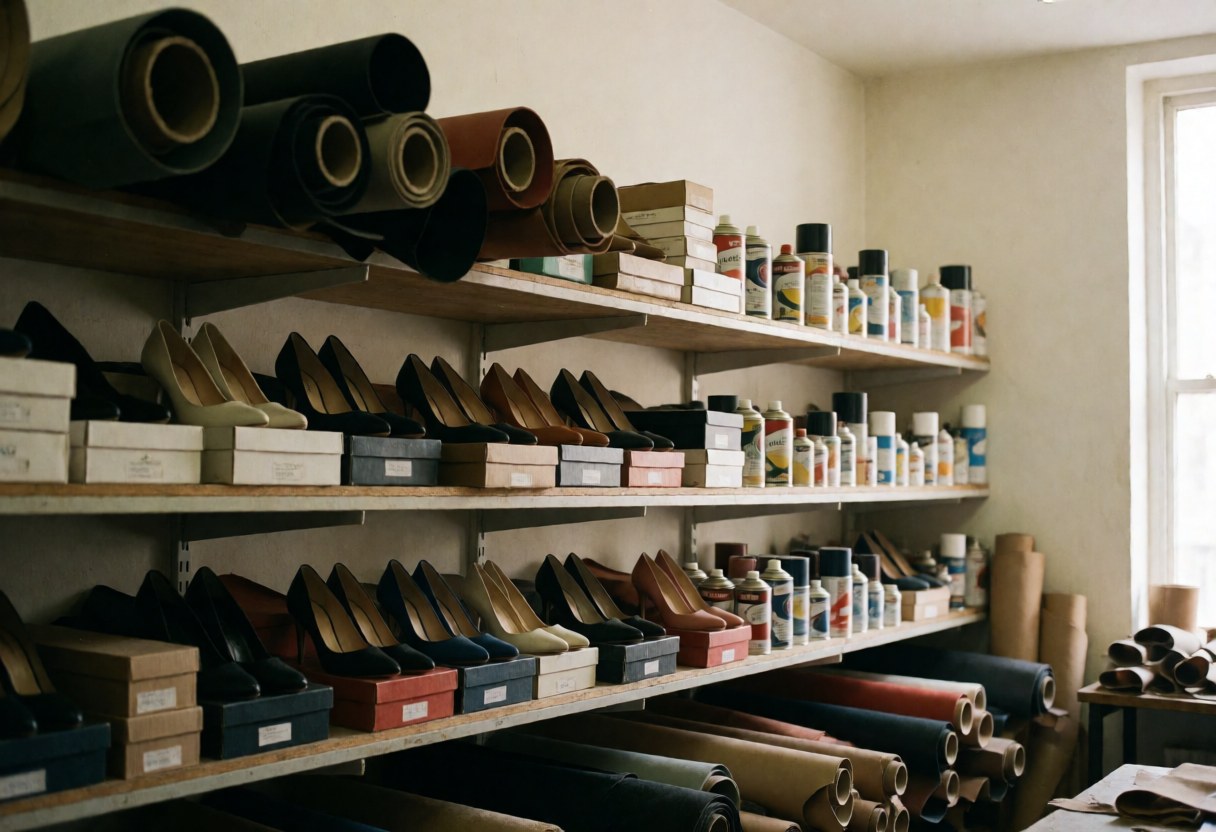 Wooden shelves stocked with leather materials, boxes, and bottles in a clean, well-lit shoe store interior