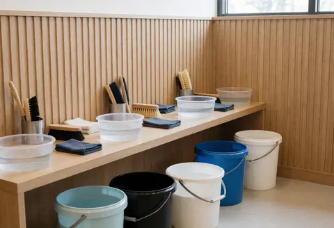 A wooden cleaning station in a shoe repair shop featuring buckets, brushes, towels, and cleaning supplies ready for professional shoe care work.