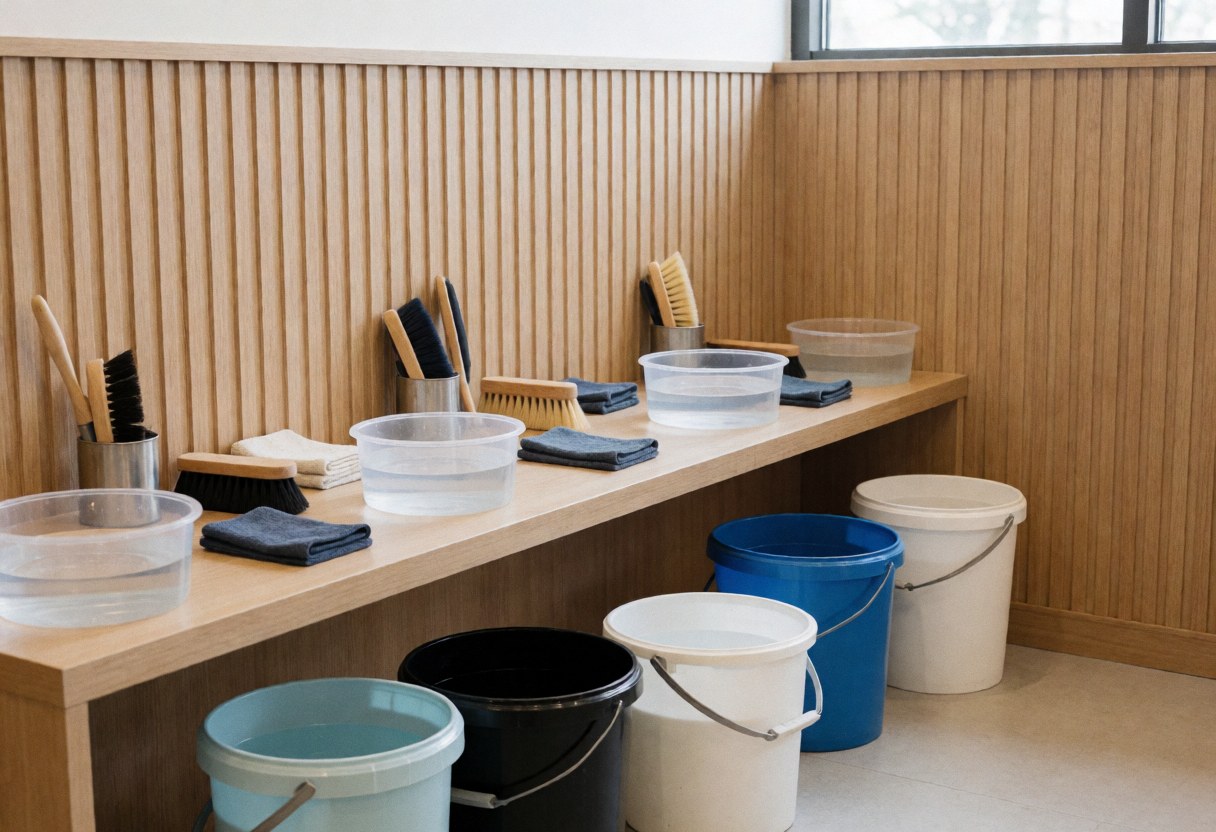 A wooden cleaning station in a shoe repair shop featuring buckets, brushes, towels, and cleaning supplies ready for professional shoe care work.