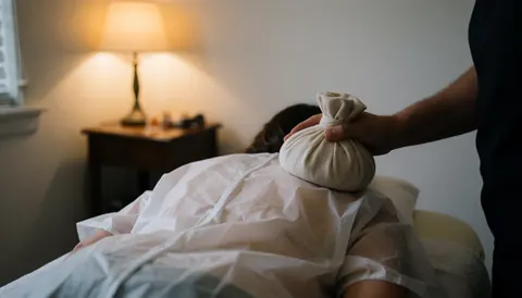 A person receives an acupuncture treatment with a hot salt bag placed on their shoulder in a warmly lit, relaxing room.