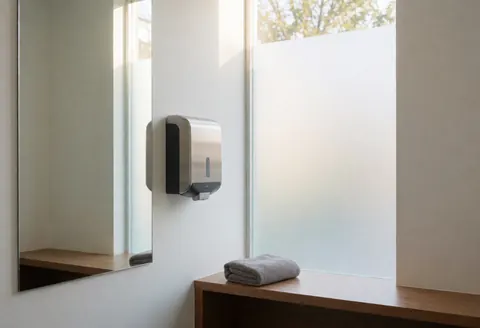 A clean and private changing room featuring a mirror, towel dispenser, and natural light, suitable for a clinic or acupuncture center