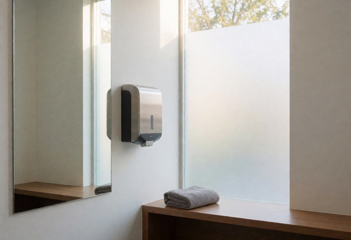 A clean and private changing room featuring a mirror, towel dispenser, and natural light, suitable for a clinic or acupuncture center