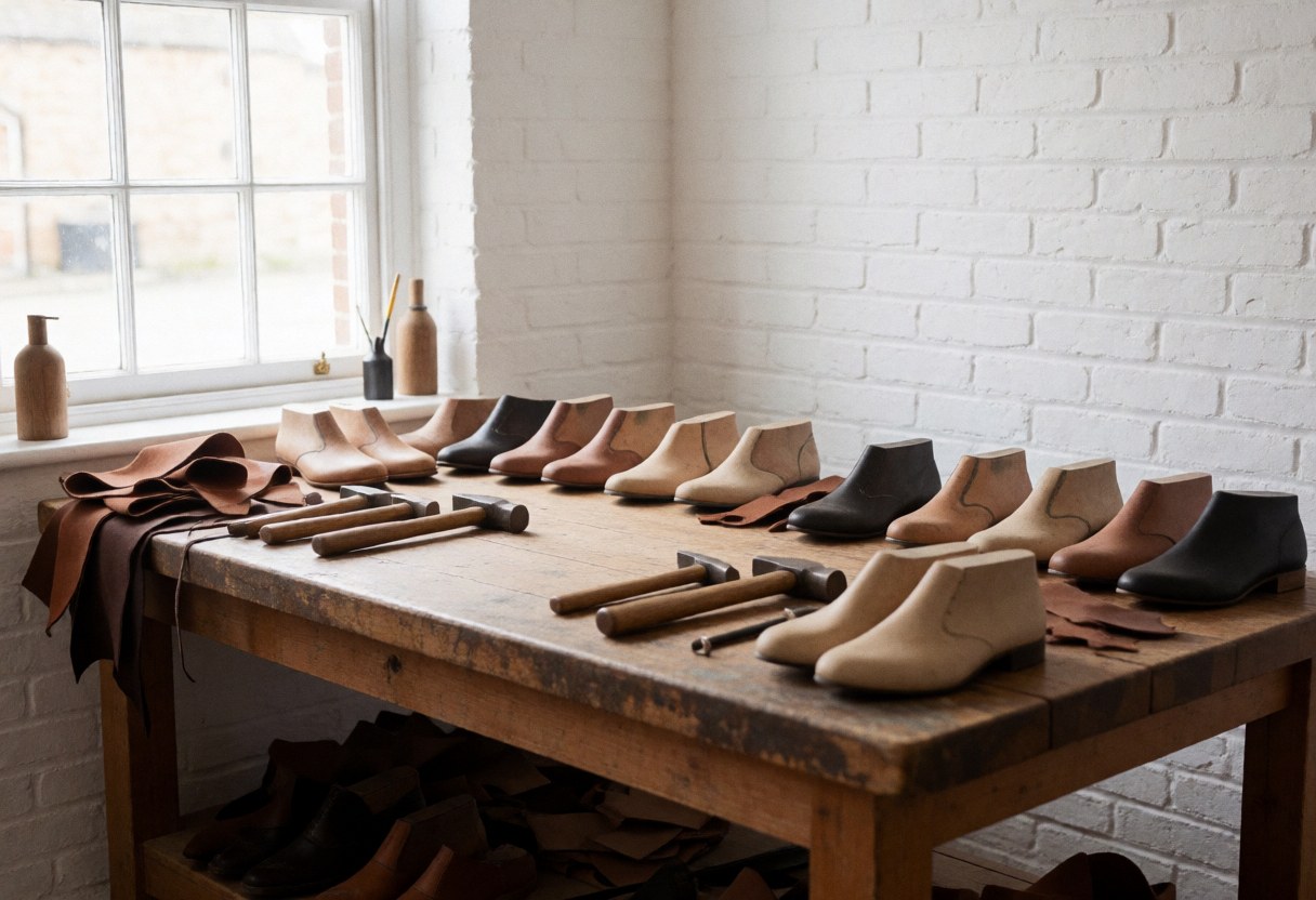 A wooden workbench in a shoe repair shop filled with leather pieces, tools, and boots near a window with natural light