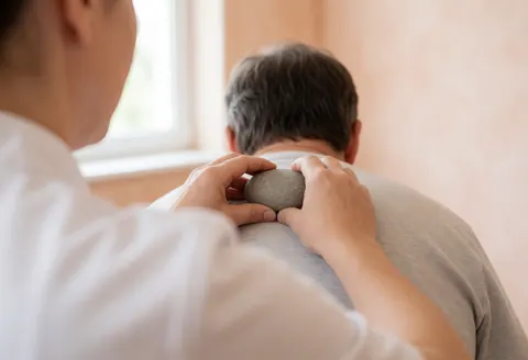 Therapist applying heated stones to a client's back during a relaxing wellness treatment session