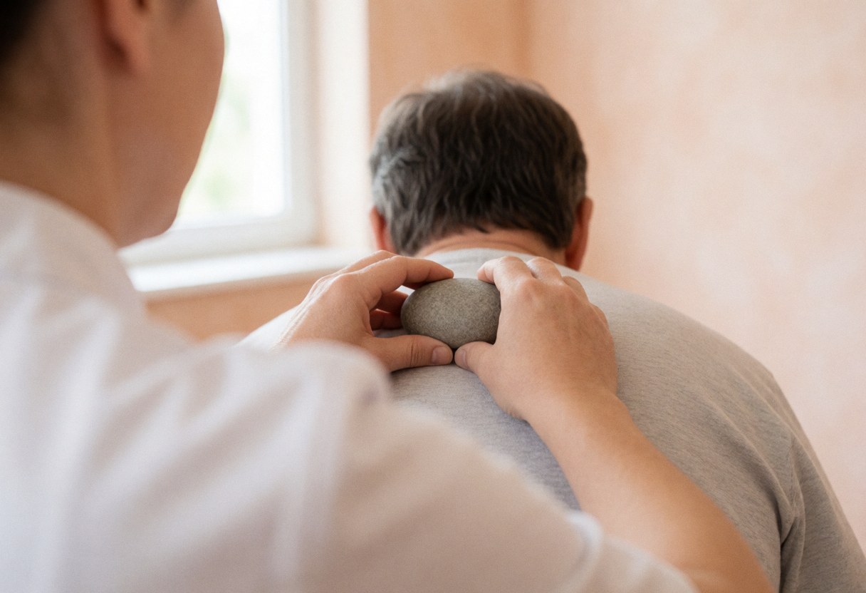 Therapist applying heated stones to a client's back during a relaxing wellness treatment session