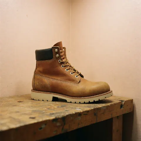 Brown leather work boot displayed on a textured wooden workbench with beige walls, showcasing leather restoration and cleaning details.