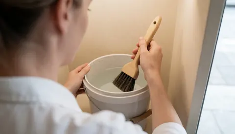 Professional shoemaker dips a brush into a bucket of water to prepare for cleaning shoes in a well-lit workshop.