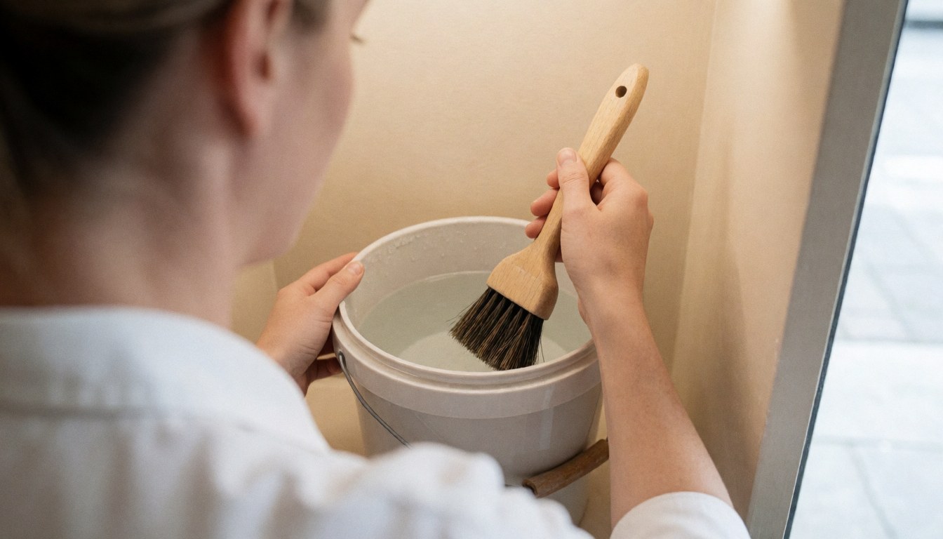 Professional shoemaker dips a brush into a bucket of water to prepare for cleaning shoes in a well-lit workshop.