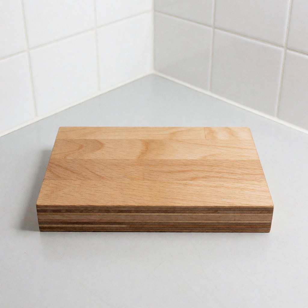 A clean wooden cobbler block resting on a white tiled surface with natural lighting, used for shoe repair and craftsmanship.