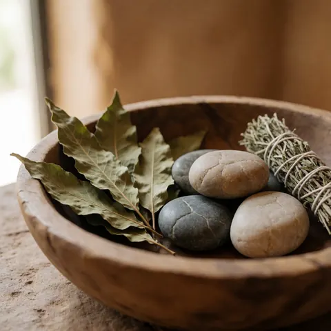 Rustic wooden bowl containing smooth stones, dried leaves, and an herb bundle, arranged for natural healing and acupuncture treatments in a serene setting.