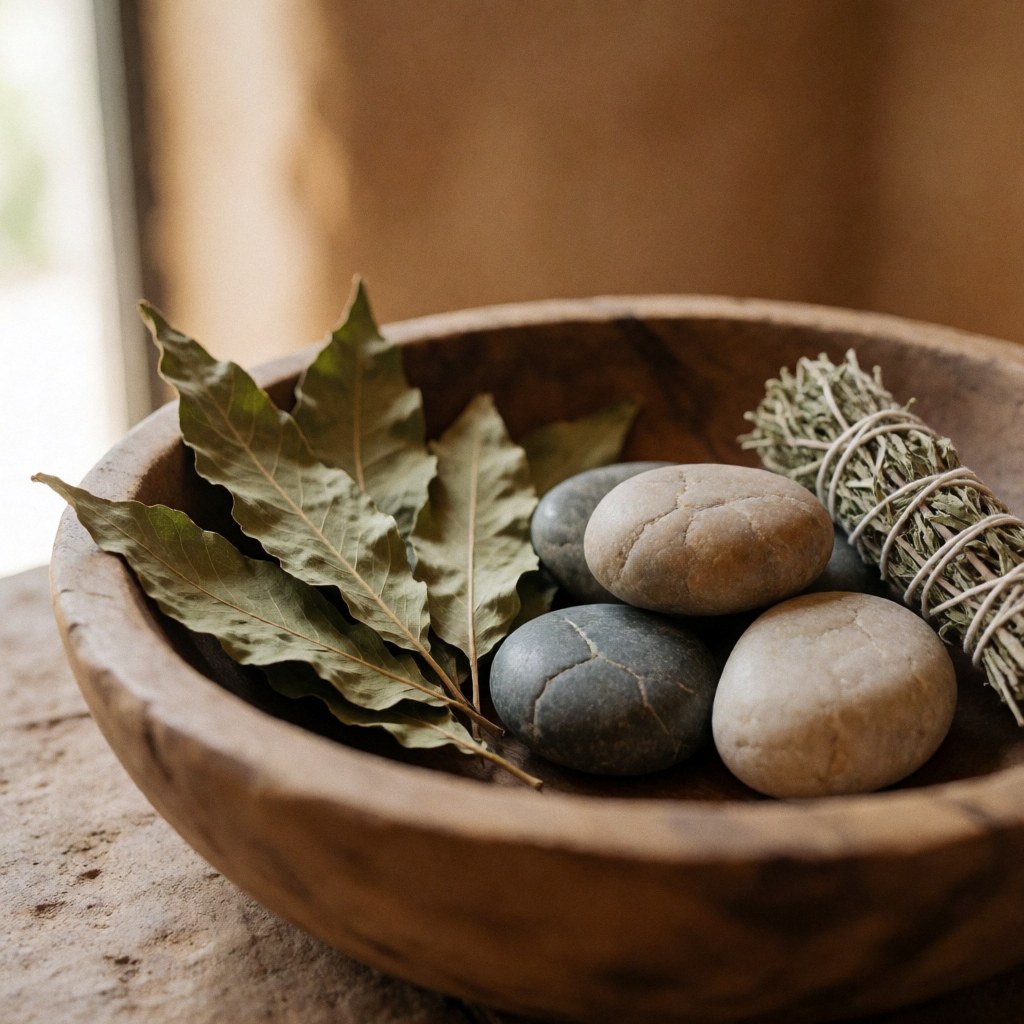Rustic wooden bowl containing smooth stones, dried leaves, and an herb bundle, arranged for natural healing and acupuncture treatments in a serene setting.