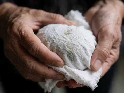 Therapist hands holding a hot stone wrapped in white cloth with visible steam, showing skin texture and slight redness for thermal comfort