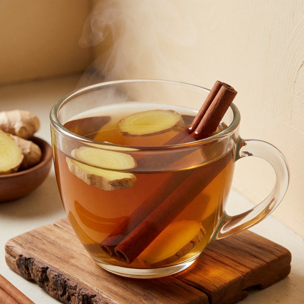 A glass mug filled with hot ginger and cinnamon tea, emitting steam, placed on a wooden coaster atop a rustic wooden surface, highlighting warmth and natural ingredients.