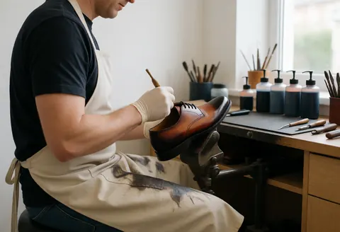 A shoemaker wearing gloves and an apron applies dye to a shoe on a workbench in a well-lit workshop with organized tools.