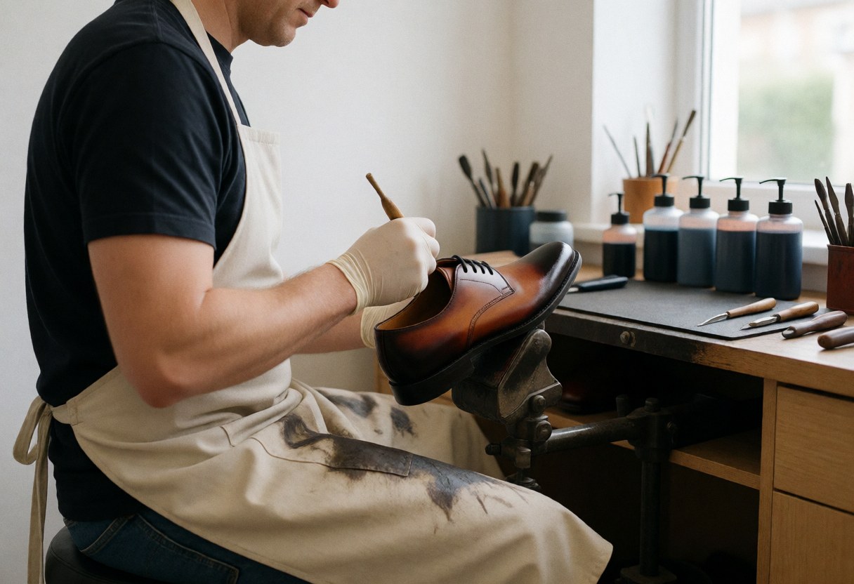 A shoemaker wearing gloves and an apron applies dye to a shoe on a workbench in a well-lit workshop with organized tools.