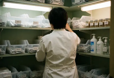 Person organizing shelves with needle boxes, herbs, and cleaning supplies in a green-walled acupuncture clinic