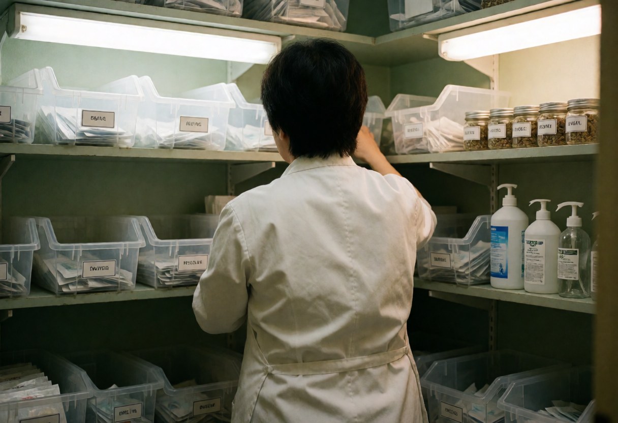 Person organizing shelves with needle boxes, herbs, and cleaning supplies in a green-walled acupuncture clinic