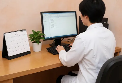 Receptionist in white uniform working on a computer in a clean office with terracotta walls, a calendar, and a plant, creating a calm professional atmosphere.