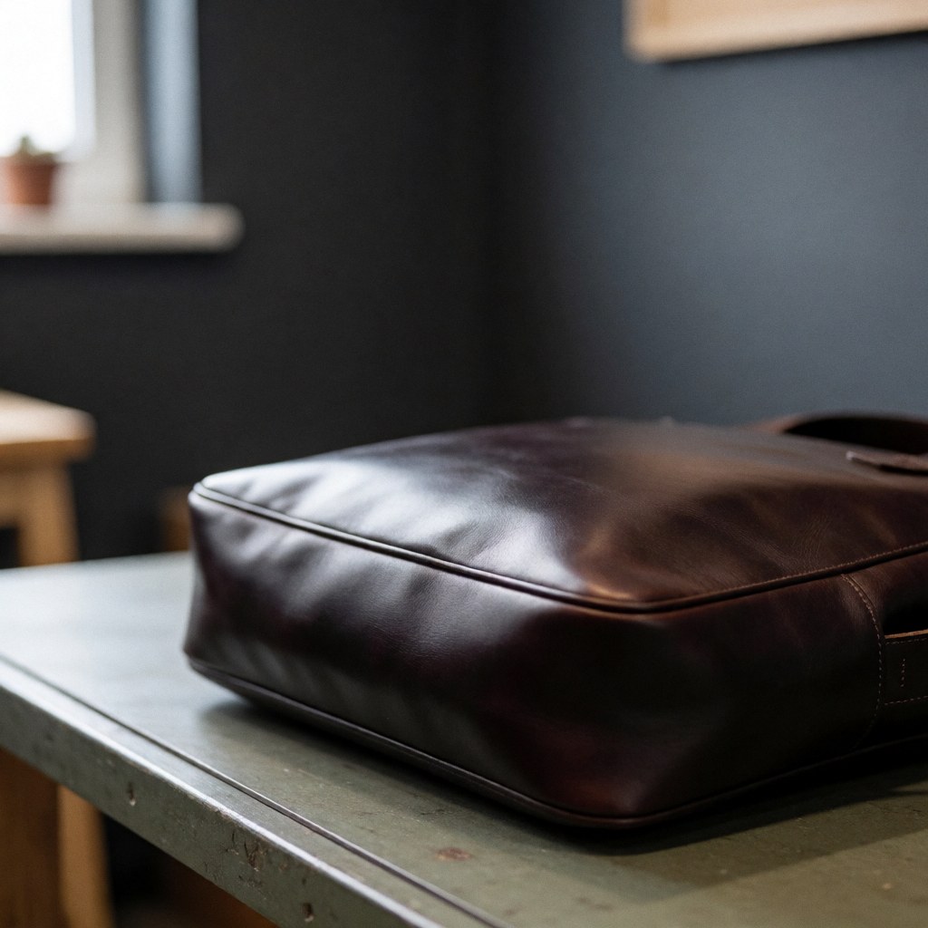 A brown conditioned leather bag resting on a wooden workbench surrounded by leatherworking tools in a workshop setting