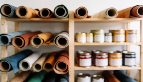 A background of wooden shelves displaying leather items, dye cans, and tools in a calm workshop setting suitable for text overlay.