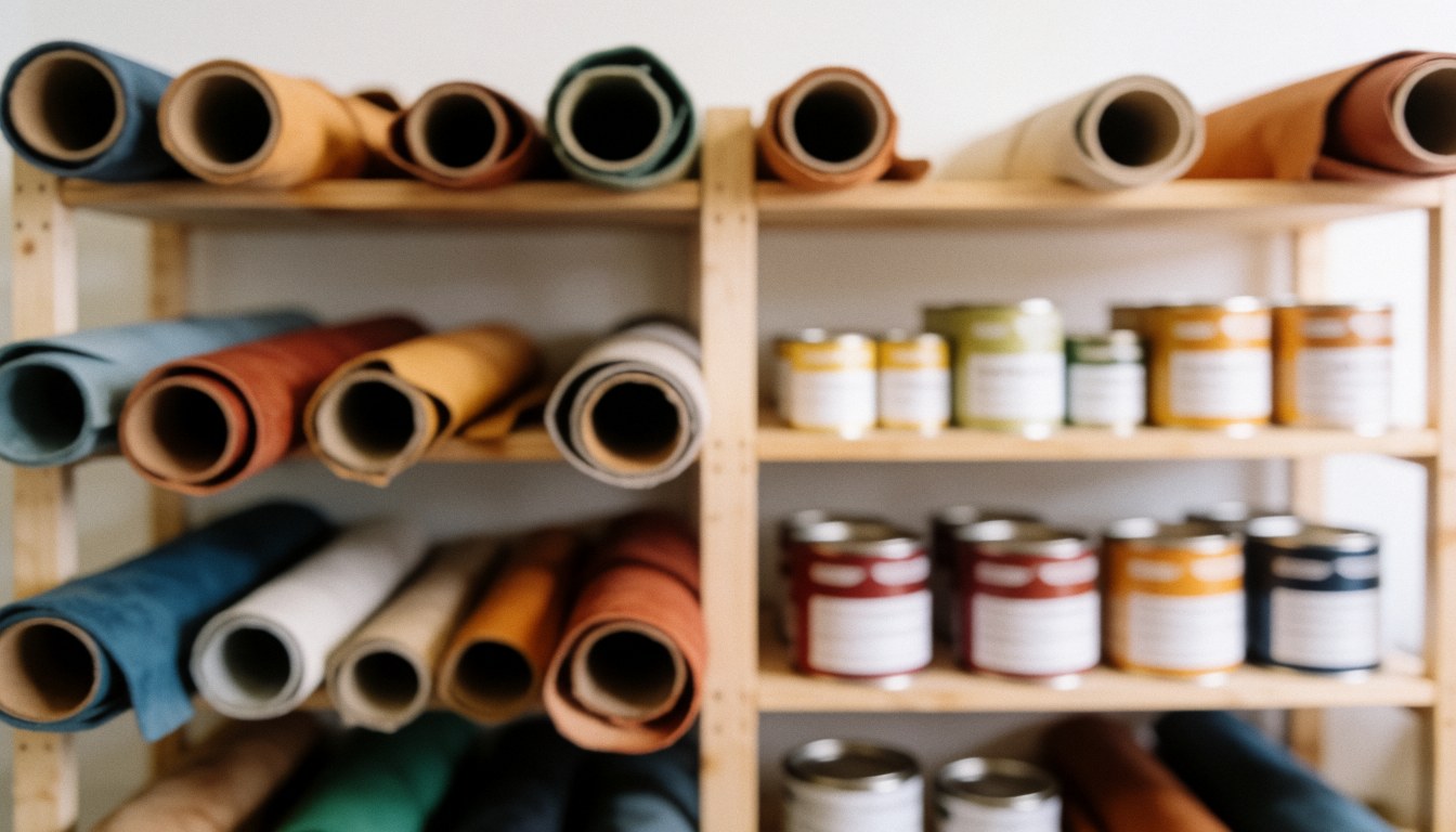 A background of wooden shelves displaying leather items, dye cans, and tools in a calm workshop setting suitable for text overlay.