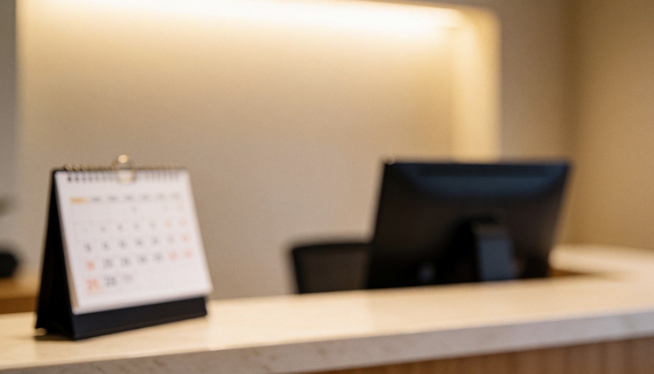 Clean white background featuring a wooden reception desk with a calendar and computer, ideal for health and wellness business text overlays
