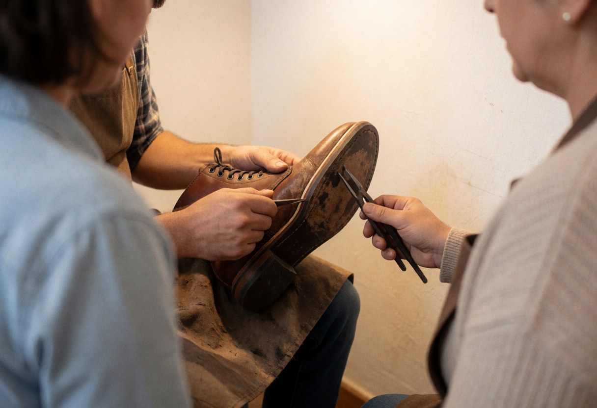 A cobbler carefully attaching a new shoe sole using adhesive and tools in a workshop setting