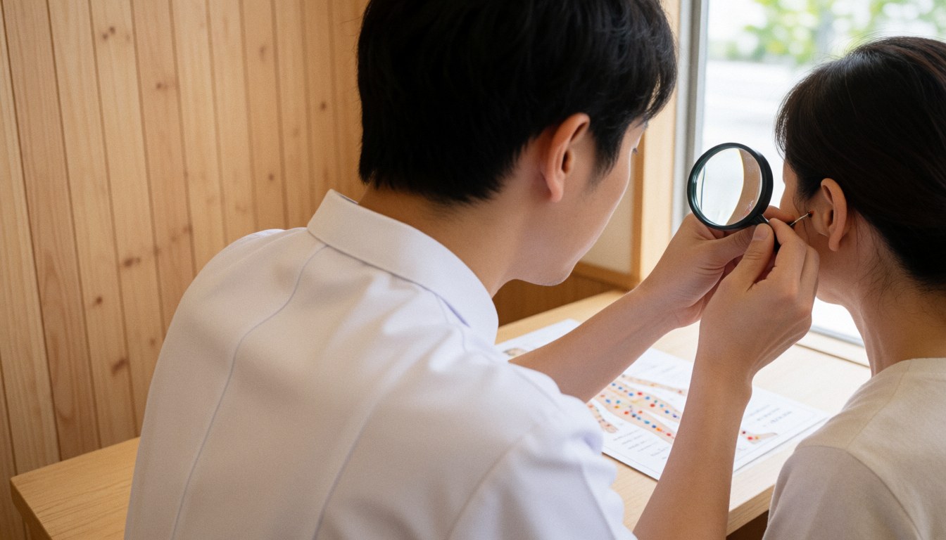 A practitioner in a white uniform examines a patient's ear with a magnifying glass on a table with a body map in a clinic with wooden walls and natural light.