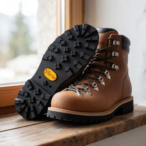 Pair of rugged leather mountain boots with technical soles displayed on a rustic wooden shelf near a window with natural light