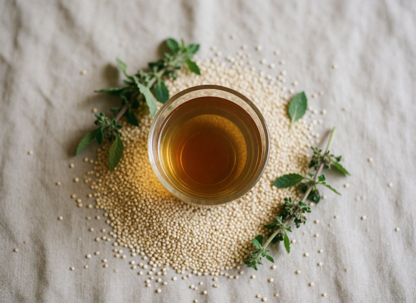 Herbal tea in a cup with quinoa and Andean herbs on linen cloth, suitable for natural wellness and acupuncture business imagery.