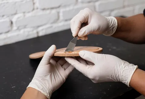 Close-up of gloved hands using a spatula to apply adhesive to the sole of a leather shoe during repair work
