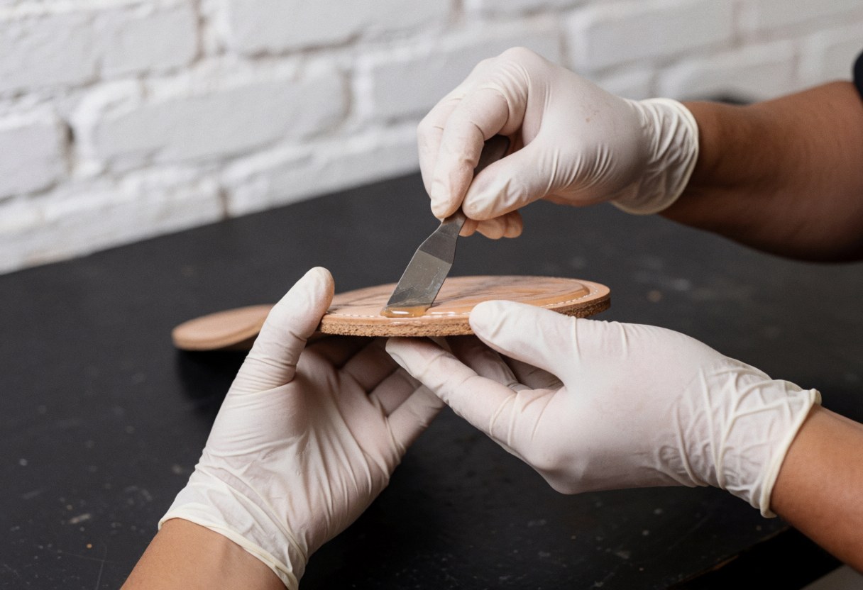 Close-up of gloved hands using a spatula to apply adhesive to the sole of a leather shoe during repair work