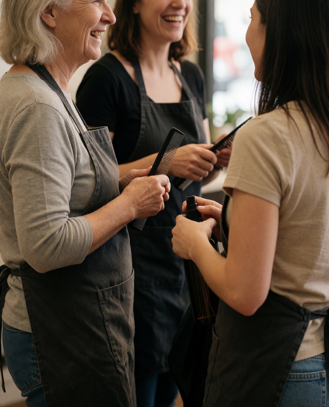 A group of professional hair stylists standing together in a salon, smiling and united as a team while holding styling tools.