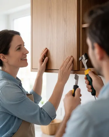A satisfied customer examines newly installed wooden cabinetry in a modern home kitchen, showing approval of the carpentry work.
